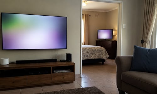 Lounge TV above a soundbar, with a second TV switched on in the bedroom through an open doorway