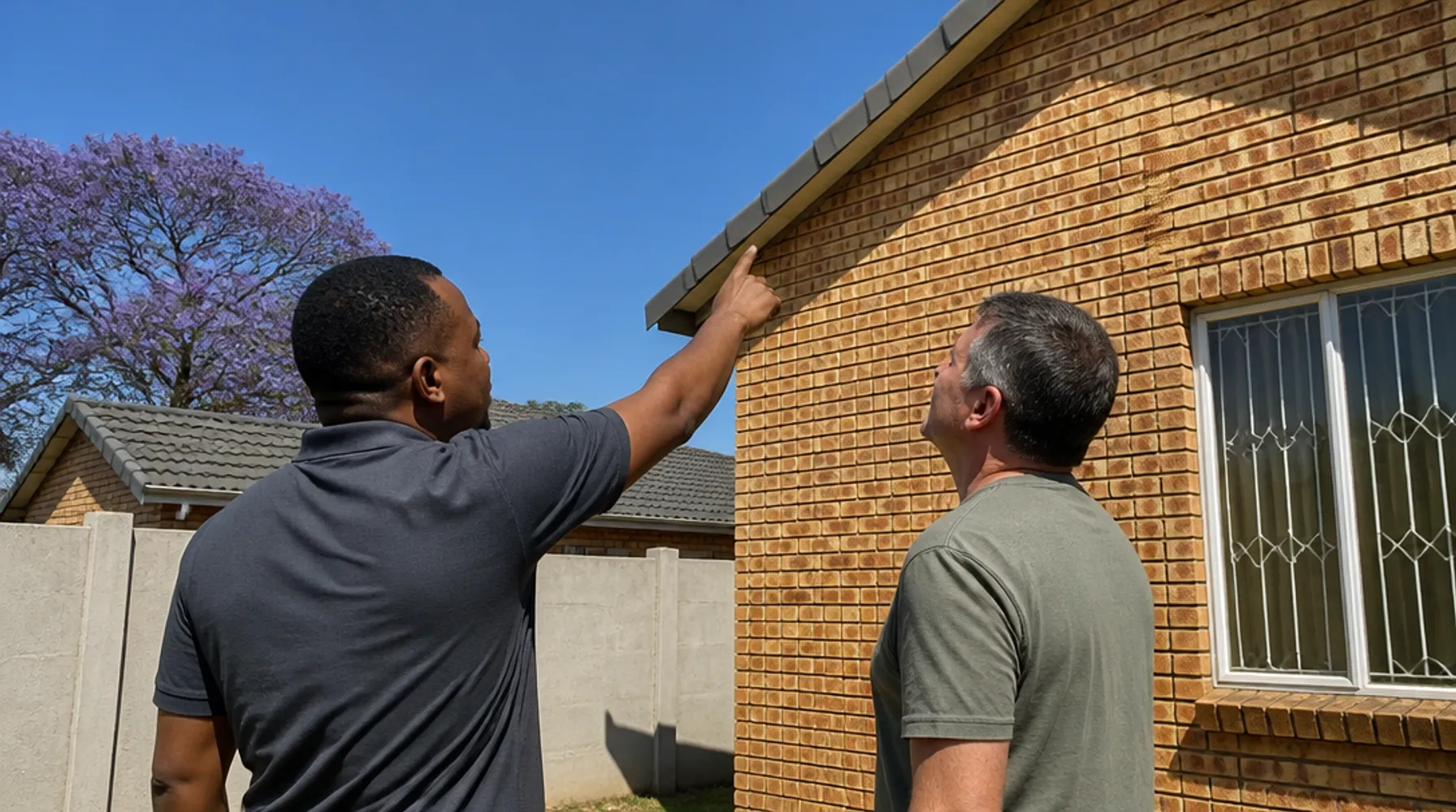 DStv installer and a homeowner working out where a satellite dish should go on the wall of a house
