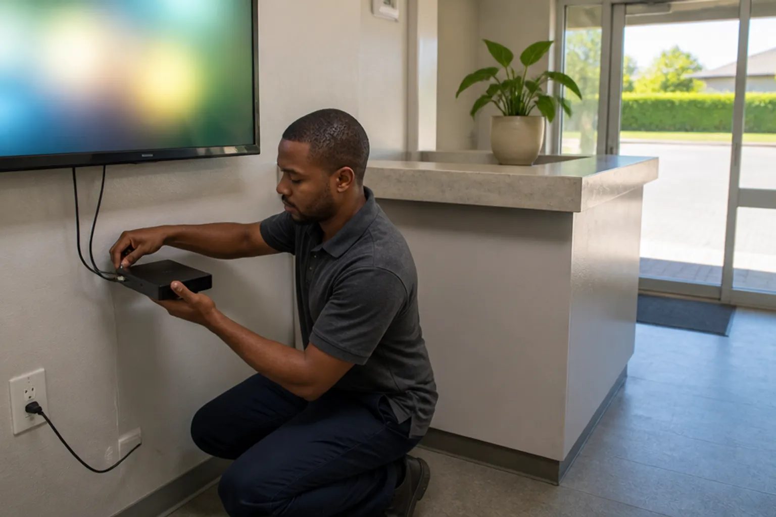 Installer crouching to connect a decoder below a wall-mounted screen in a reception area