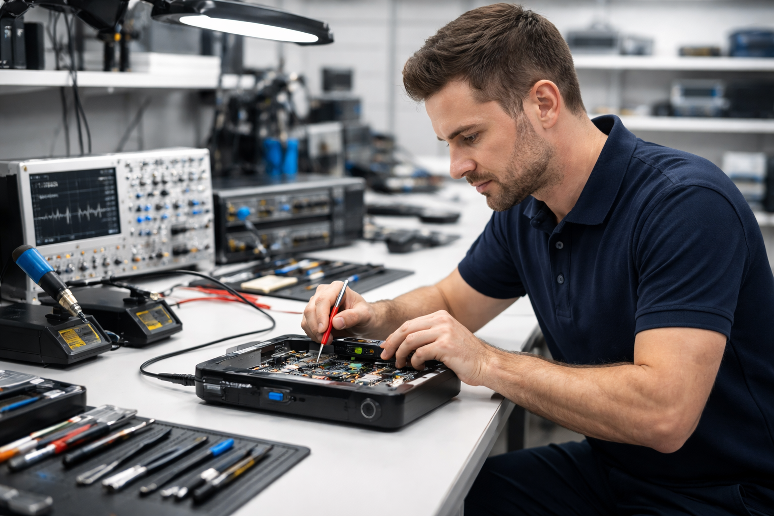 Checking the connection at the back of a DStv decoder during a repair visit