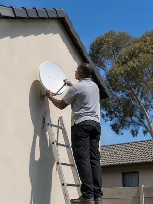 Installer on a ladder aligning a satellite dish at a suburban home