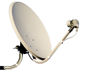 Satellite dish with its LNB arm, mounted on a wall bracket